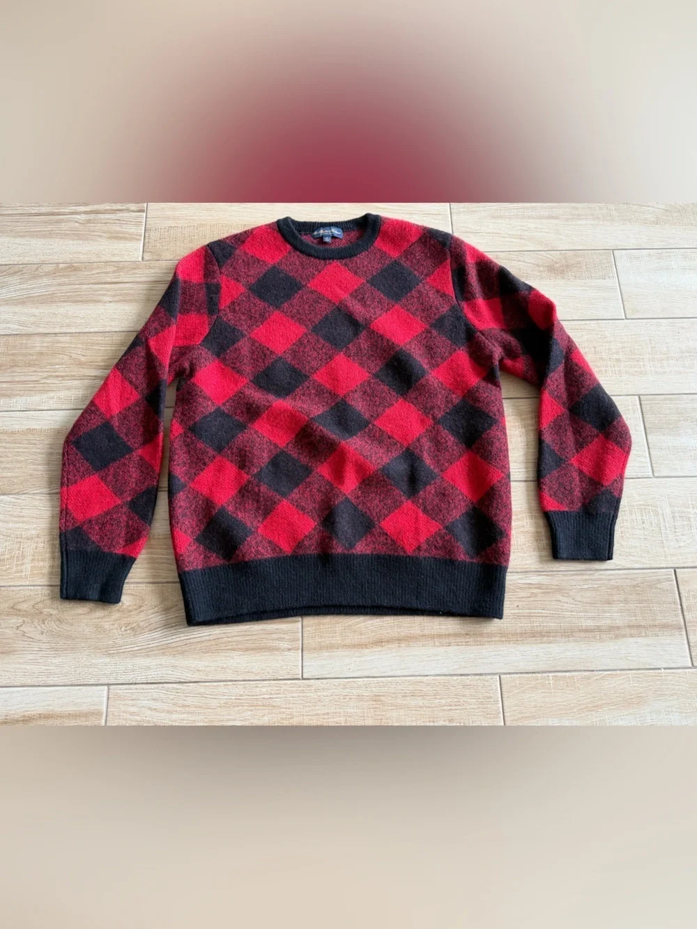 Brooks Brothers Italian Yarn Buffalo Plaid Wool Blend Sweater Red Black Large
